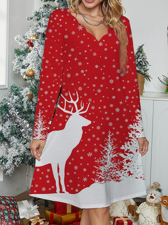 Women's Work Dress Casual Dress Fashion Winter Dress Christmas Daily Mini Dress Print V Neck Long Sleeve Plaid Elk Regular Fit White Wine Red Fall Winter S M L XL XXL 3 Women's Work Dress Casual Dress Fashion Winter Dress Christmas Daily Mini Dress Print V Neck Long Sleeve Plaid Elk Regular Fit White Wine Red Fall Winter S M L XL XXL