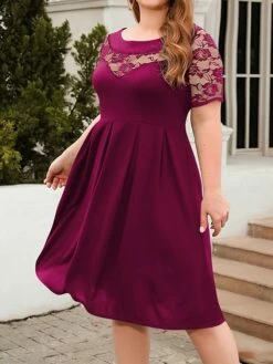Women's Plus Size Curve Party Dress Lace Dress Semi Formal Dress Solid Color Midi Dress Short Sleeve Lace Crew Neck Fashion Party ArmyGreen Black Fall Winter XL XXL 3XL 4XL -LIGHTINTHEBOX Shop wckqtt1695813616475