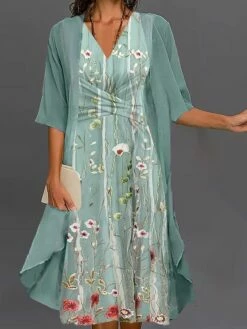 Women's Two Piece Dress Set Casual Dress Print Dress Outdoor Daily Fashion Streetwear Knot Front Print Midi Dress V Neck Half Sleeve Floral Regular Fit Green Summer Spring S M L XL XXL