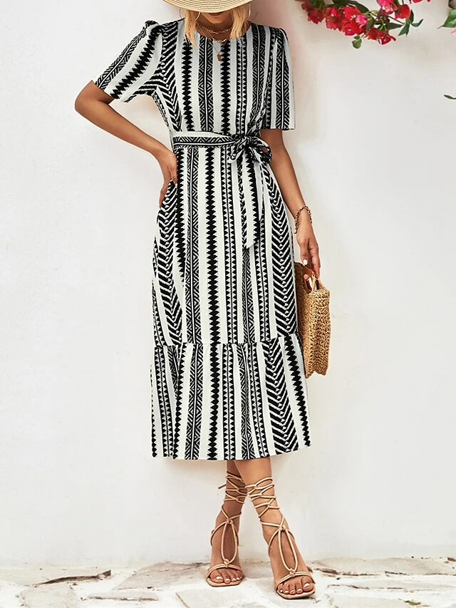 Women's Casual Dress A Line Dress Summer Dress Stripe Lace Up Print Crew Neck Midi Dress Fashion Streetwear Outdoor Street Short Sleeve Regular Fit Black Yellow Summer Spring S M L XL 7 Women's Casual Dress A Line Dress Summer Dress Stripe Lace Up Print Crew Neck Midi Dress Fashion Streetwear Outdoor Street Short Sleeve Regular Fit Black Yellow Summer Spring S M L XL - Image 5