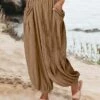 Women‘s Wide Leg Pants Trousers Baggy Full Length Cotton Pocket Cotton Linen Micro-elastic High Waist Fashion Streetwear Street Daily Light Yellow Dark Brown S M Summer Fall -LIGHTINTHEBOX Shop wdhphg1691133083933