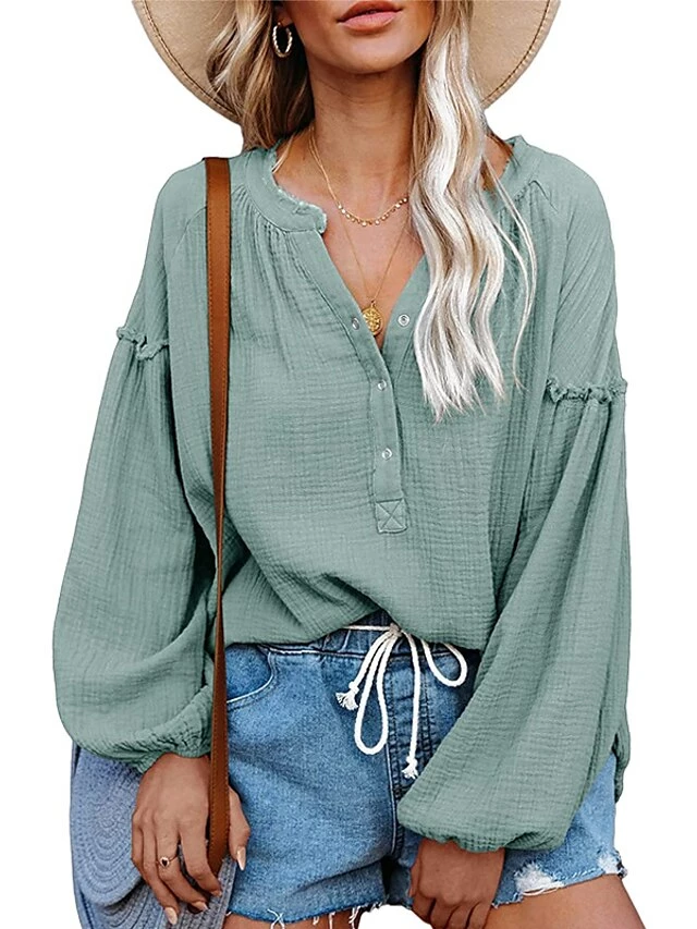 Women's Shirt Lantern Sleeve Blouse Black White Purple Plain Button Long Sleeve Casual Basic V Neck Regular Fit Lantern Sleeve Spring Fall 7 Women's Shirt Lantern Sleeve Blouse Black White Purple Plain Button Long Sleeve Casual Basic V Neck Regular Fit Lantern Sleeve Spring Fall - Image 5