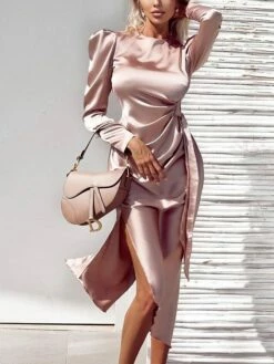 Women‘s Party Dress Wedding Guest Dress Satin Dress Pink Dress Midi Dress Pink Long Sleeve Print Ruched Winter Fall Autumn Crew Neck Elegant Wedding Party Winter Dress 2023 S M L XL XXL -LIGHTINTHEBOX Shop weohod1678437567788