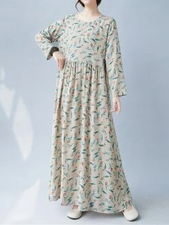 Women's Casual Dress Linen Dress Swing Dress Maxi Long Dress Linen Fashion Modern Outdoor Daily Holiday Crew Neck Print Long Sleeve Fall Winter Autumn 2023 Loose Fit Apricot Flower L XL 2XL -LIGHTINTHEBOX Shop wflftz1693553168603