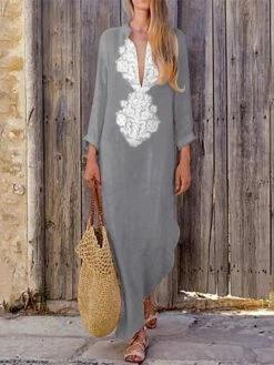 Women's Casual Dress Cotton Linen Dress Shift Dress Maxi Long Dress Cotton Blend Basic Casual Outdoor Daily Vacation V Neck Print Long Sleeve Summer Spring Fall 2023 Loose Fit Yellow Sky Blue Khaki -LIGHTINTHEBOX Shop wfmaeu1677659055715