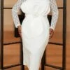 Women's Plus Size Curve Party Dress Lace Dress Bodycon Plain Midi Dress Long Sleeve Lace Bow Crew Neck Fashion Party White Fall Winter XL XXL 3XL 4XL -LIGHTINTHEBOX Shop wfrafb1694165771523