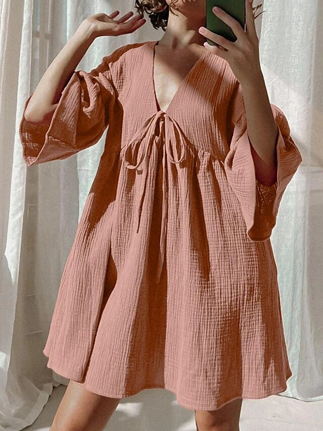 Women's Casual Dress Cotton Dress Swing Dress Mini Dress Cotton Fashion Modern Outdoor Daily Holiday V Neck Lace Up Ruched 3/4 Length Sleeve Fall Winter Autumn 2023 Loose Fit Light Green Blue Purple 12 Women's Casual Dress Cotton Dress Swing Dress Mini Dress Cotton Fashion Modern Outdoor Daily Holiday V Neck Lace Up Ruched 3/4 Length Sleeve Fall Winter Autumn 2023 Loose Fit Light Green Blue Purple - Image 10