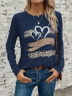 Women's T Shirt Tee Black Wine Blue Leopard Heart Print Long Sleeve Daily Weekend Fashion Round Neck Regular Fit Painting Spring &Fall