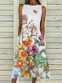 Women‘s A Line Dress Midi Dress Sleeveless Floral Pocket Cold Shoulder Print Spring Summer Round Neck Casual Vintage Going Out 2023 S M L XL XXL Cotton