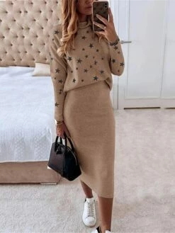 Women's Two Piece Dress Set Casual Dress Skirt Set Daily Date Streetwear Casual Print Midi Dress Turtleneck Long Sleeve Star Regular Fit White Red Navy Blue Fall Winter S M L XL -LIGHTINTHEBOX Shop wgpfjd1695364270966