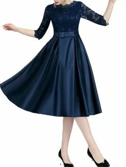Women‘s Party Dress Wedding Guest Dress Lace Dress Swing Dress Midi Dress Navy Blue 3/4 Length Sleeve Pure Color Lace Winter Fall Spring Crew Neck Fashion Party Spring Dress 2023 XS S M L XL XXL 3XL -LIGHTINTHEBOX Shop wgwgax1672050519528