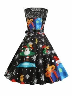 Women‘s Christmas Retro 1950s Vintage Dress Midi Dress Party Patchwork Bow Santa Claus Crew Neck Sleeveless Regular Fit Fall Winter 2023 Black White S M L XL -LIGHTINTHEBOX Shop whpejd1694501419848