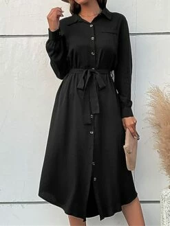 Women's Work Dress Casual Dress Black Dress Fashion Office Daily Workfashion Midi Dress Lace Up Button Shirt Collar Long Sleeve Plain Loose Fit Black Fall Winter S M L XL -LIGHTINTHEBOX Shop whzdyv1695105090664