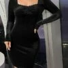 Women's Party Dress Velvet Dress Homecoming Dress Mini Dress Black Long Sleeve Pure Color Ruched Spring Fall Winter Square Neck Fashion Winter Dress Wedding Guest Birthday Slim 2023 S M L XL