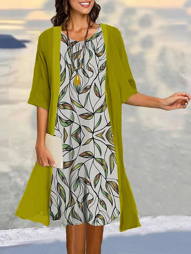 Women's Two Piece Dress Set Casual Dress Print Dress Outdoor Daily Fashion Elegant Print Midi Dress Crew Neck 3/4 Length Sleeve Floral Regular Fit Black Yellow Red Summer Spring S M L XL XXL 4 Women's Two Piece Dress Set Casual Dress Print Dress Outdoor Daily Fashion Elegant Print Midi Dress Crew Neck 3/4 Length Sleeve Floral Regular Fit Black Yellow Red Summer Spring S M L XL XXL - Image 2