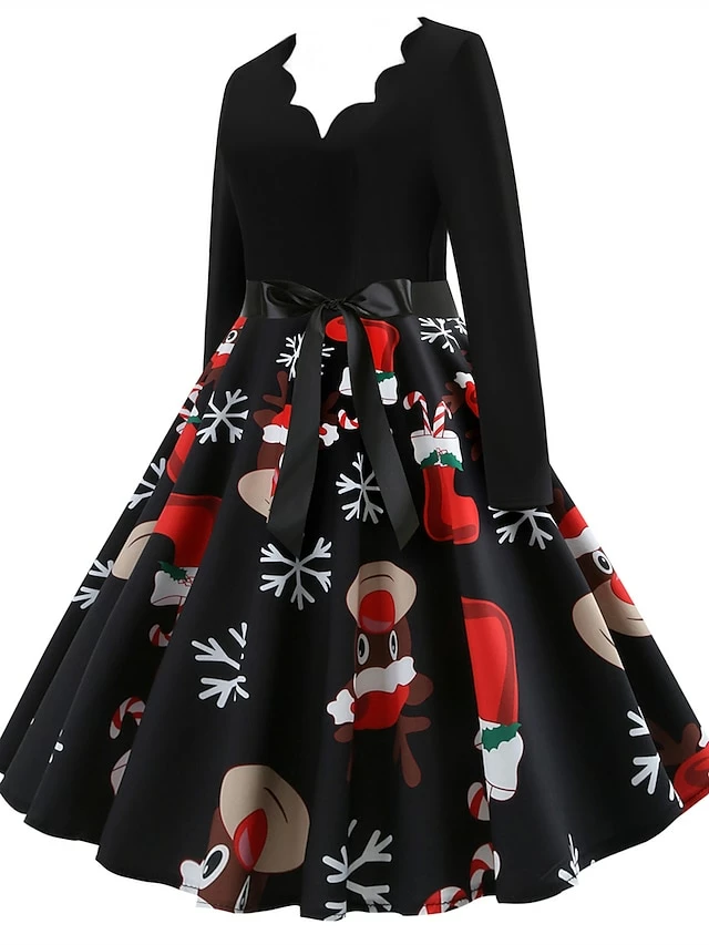 Women's Christmas Retro 1950s Vintage Dress Midi Dress Party Ruched Bow Fruit V Neck Long Sleeve Regular Fit Fall Winter 2023 Deep Green Black S M L XL 5 Women's Christmas Retro 1950s Vintage Dress Midi Dress Party Ruched Bow Fruit V Neck Long Sleeve Regular Fit Fall Winter 2023 Deep Green Black S M L XL - Image 3