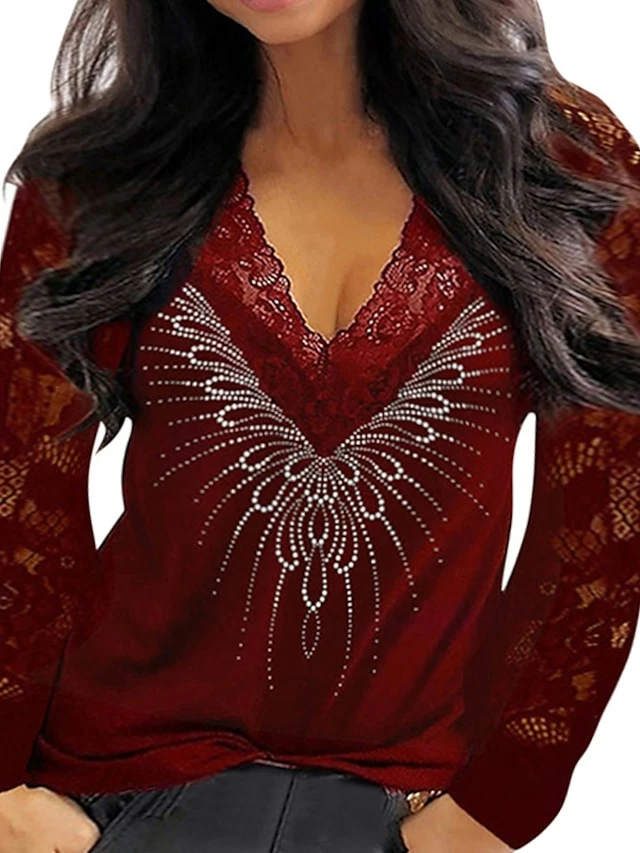 Women's Blouse Cotton Black Red Navy Blue Plain Lace Long Sleeve Daily Weekend Streetwear Basic V Neck Regular Fit Spring Fall Winter 7 Women's Blouse Cotton Black Red Navy Blue Plain Lace Long Sleeve Daily Weekend Streetwear Basic V Neck Regular Fit Spring Fall Winter - Image 5