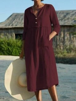 Women's Cotton Linen Dress Shift Dress A Line Dress Maxi Long Dress Linen Cotton Blend Hot Casual Daily Vacation Shirt Collar Pocket 3/4 Length Sleeve Summer Spring Linen Loose Fit Black Pink Wine -LIGHTINTHEBOX Shop wiynfs1651198001209
