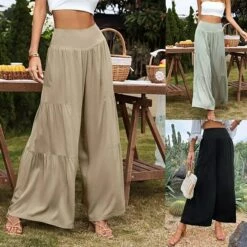 Casual High Waist Wide Leg Cotton Linen Stitching High Waist Loose Trousers Women's Pants