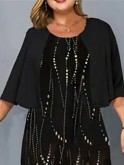 Women‘s Plus Size Curve Two Piece Dress Set Work Dress Print Dress Outdoor Office Fashion Work Print Midi Dress Crew Neck 3/4 Length Sleeve Polka Dot Regular Fit Black Apricot Fall Winter L XL XXL 3XL -LIGHTINTHEBOX Shop wkpqfj1691400390457