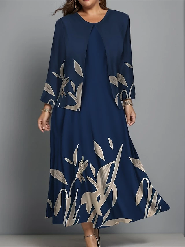 Women's Plus Size Two Piece Dress Set Casual Dress Swing Dress Outdoor Office Fashion Streetwear Print Midi Dress Crew Neck Long Sleeve Floral Regular Fit Burgundy Navy Blue Blue Fall Winter L XL XXL 5 Women's Plus Size Two Piece Dress Set Casual Dress Swing Dress Outdoor Office Fashion Streetwear Print Midi Dress Crew Neck Long Sleeve Floral Regular Fit Burgundy Navy Blue Blue Fall Winter L XL XXL - Image 3