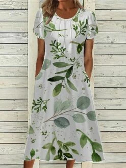 Women's Casual Dress Summer Dress Print Dress Floral Ruched Pocket Crew Neck Midi Dress Fashion Mature Outdoor Daily Short Sleeve Loose Fit White Red Blue Summer Spring S M L XL XXL -LIGHTINTHEBOX Shop wlvvlt1679393394605