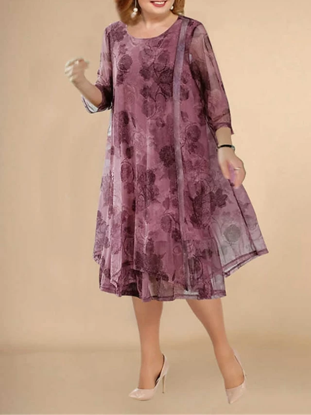Women‘s Plus Size Curve Work Dress Swing Dress Semi Formal Dress Fashion Midi Dress Mesh Layered Crew Neck 3/4 Length Sleeve Floral Loose Fit Red Summer Spring L XL XXL 3XL 4XL 4 Women‘s Plus Size Curve Work Dress Swing Dress Semi Formal Dress Fashion Midi Dress Mesh Layered Crew Neck 3/4 Length Sleeve Floral Loose Fit Red Summer Spring L XL XXL 3XL 4XL - Image 2