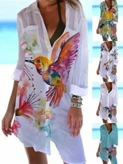 Women‘s Shirt Dress Cover Up Beach Dress Beach Wear Mini Dress Pocket Print Fashion Casual Floral Turndown 3/4 Length Sleeve Loose Fit Outdoor Daily White Yellow 2023 Spring Summer S M L XL