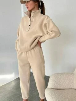 Women's Hoodies & Sweatshirts Tracksuit Pants Sets White Khaki Gray Plain Long Sleeve Outdoor Sports Outdoor Active Daily Stand Collar Regular Fit Fall & Winter