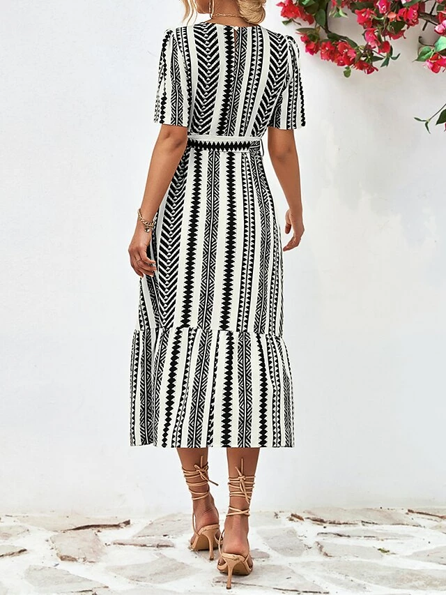 Women's Casual Dress A Line Dress Summer Dress Stripe Lace Up Print Crew Neck Midi Dress Fashion Streetwear Outdoor Street Short Sleeve Regular Fit Black Yellow Summer Spring S M L XL 8 Women's Casual Dress A Line Dress Summer Dress Stripe Lace Up Print Crew Neck Midi Dress Fashion Streetwear Outdoor Street Short Sleeve Regular Fit Black Yellow Summer Spring S M L XL - Image 6