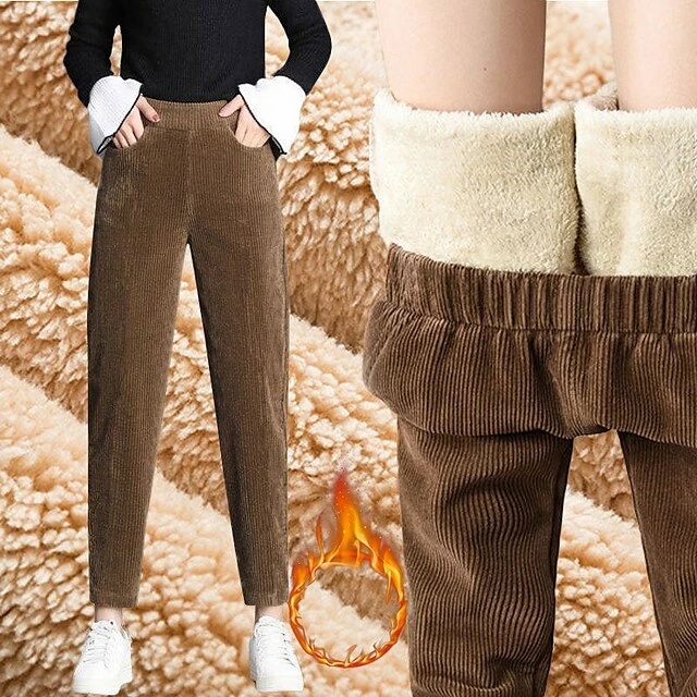 Women‘s Fleece Corduroy Pants Chinos Trousers Ankle-Length Side Pockets Micro-elastic Mid Waist Fashion Casual Weekend Black Brown S M 4 Women‘s Fleece Corduroy Pants Chinos Trousers Ankle-Length Side Pockets Micro-elastic Mid Waist Fashion Casual Weekend Black Brown S M - Image 2