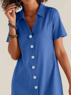 Women's Shirt Dress Casual Dress Cotton Linen Dress Midi Dress Polyester Classic Casual Outdoor Daily Vacation Split Neck Button Short Sleeve Summer Spring 2023 Loose Fit Black Blue Plain S M L XL 2XL -LIGHTINTHEBOX Shop wouoip1691040684798