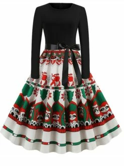 Women's Christmas Retro 1950s Vintage Dress Midi Dress Party Ruched Bow Christmas Tree Crew Neck Long Sleeve Regular Fit Fall Winter 2023 Black S M L XL