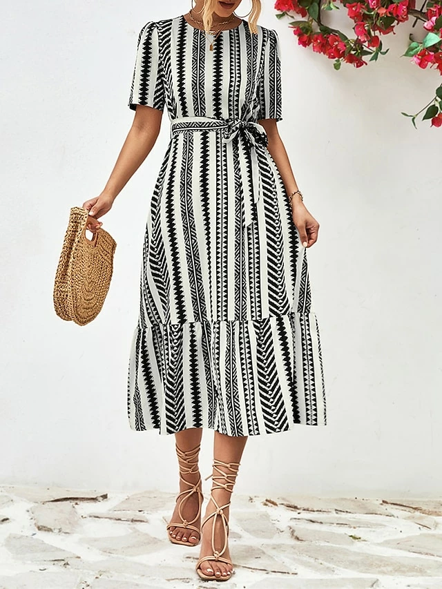 Women's Casual Dress A Line Dress Summer Dress Stripe Lace Up Print Crew Neck Midi Dress Fashion Streetwear Outdoor Street Short Sleeve Regular Fit Black Yellow Summer Spring S M L XL 3 Women's Casual Dress A Line Dress Summer Dress Stripe Lace Up Print Crew Neck Midi Dress Fashion Streetwear Outdoor Street Short Sleeve Regular Fit Black Yellow Summer Spring S M L XL