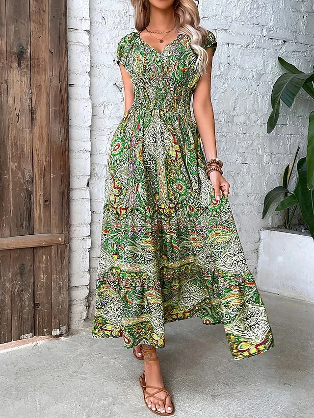 Women's Long Dress Maxi Dress Casual Dress Swing Dress Summer Dress Floral Paisley Tribal Fashion Casual Outdoor Daily Holiday Ruched Print Short Sleeve V Neck Dress Loose Fit Green Red Orange 6 Women's Long Dress Maxi Dress Casual Dress Swing Dress Summer Dress Floral Paisley Tribal Fashion Casual Outdoor Daily Holiday Ruched Print Short Sleeve V Neck Dress Loose Fit Green Red Orange - Image 4