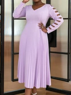 Women's Plus Size Curve Party Dress Work Dress Swing Dress Plain Midi Dress Long Sleeve Pleated Cut Out V Neck Fashion Party Purple Fall Winter XL XXL 3XL 4XL -LIGHTINTHEBOX Shop wqfpzs1694165773299