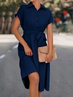 Women's Shirt Dress Casual Dress Midi Dress Outdoor Daily Date Polyester Casual Classic Shirt Collar Lace Up Ruched Short Sleeve Summer Spring 2023 Loose Fit Black Blue Rose Red Plain S M L XL -LIGHTINTHEBOX Shop wqsavg1677739300119