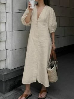 Women's Shirt Dress Casual Dress Cotton Dress Maxi Long Dress Cotton Fashion Classic Outdoor Daily Vacation V Neck Backless Button 3/4 Length Sleeve Fall Winter Autumn 2023 Regular Fit Apricot Plain