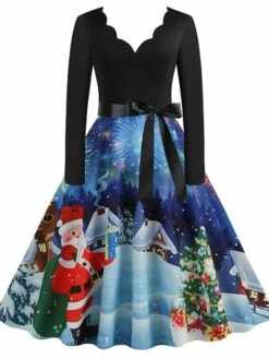 Women's Christmas Casual Dress Swing Dress Midi Dress Blue Purple Royal Blue Light Blue White Long Sleeve Santa Claus Elk Tree Bow Print Winter Fall V Neck Vacation Vintage 2022 S M L XL -LIGHTINTHEBOX Shop wrgbrg1666927314974