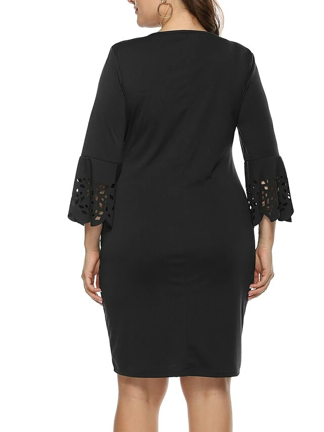 Women‘s Plus Size Curve Party Dress Wedding Guest Dress Black Dress Bodycon Mini Dress Pink 3/4 Length Sleeve Pure Color Patchwork Fall Winter Autumn Crew Neck Fashion Wedding Guest Vacation 5 Women‘s Plus Size Curve Party Dress Wedding Guest Dress Black Dress Bodycon Mini Dress Pink 3/4 Length Sleeve Pure Color Patchwork Fall Winter Autumn Crew Neck Fashion Wedding Guest Vacation - Image 3