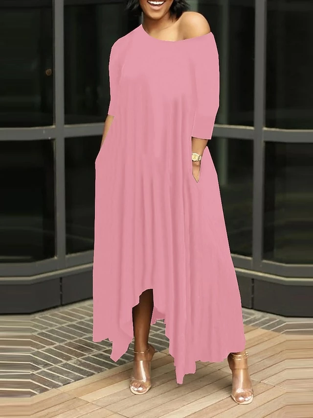 Women's Work Dress Black Dress White Dress Fashion Long Dress Maxi Dress Ruched Pocket One Shoulder 3/4 Length Sleeve Plain Regular Fit Black White Pink Fall S M L XL XXL 9 Women's Work Dress Black Dress White Dress Fashion Long Dress Maxi Dress Ruched Pocket One Shoulder 3/4 Length Sleeve Plain Regular Fit Black White Pink Fall S M L XL XXL - Image 7