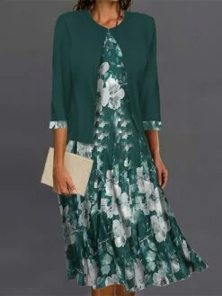 Women's Two Piece Dress Set Casual Dress Swing Dress Outdoor Office Fashion Streetwear Print Midi Dress Crew Neck 3/4 Length Sleeve Floral Regular Fit Black Purple Green Fall Winter S M L XL XXL -LIGHTINTHEBOX Shop wsfkqd1695364269868