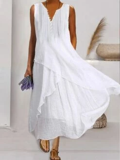 Women's Casual Dress Cotton Linen Dress Swing Dress Maxi Long Dress Cotton Blend Basic Elegant Outdoor Daily V Neck Button Pocket Sleeveless Summer Spring 2023 Regular Fit White Plain S M L XL 2XL