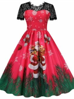 Women's Christmas Swing Dress Vintage DressKnee Length Dress Green Wine Dark Green Fuchsia Red Black Short Sleeve Santa Claus Snowman Snowflake Lace Print Fall Winter V Neck Vacation Vintage 2022 S -LIGHTINTHEBOX Shop wsuxne1665293369236