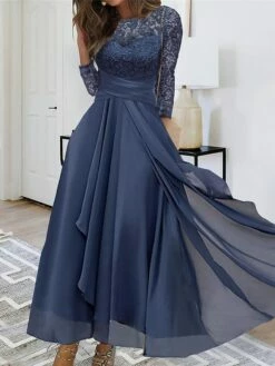 Women's Prom Dress Party Dress Lace Dress Midi Dress Navy Blue 3/4 Length Sleeve Pure Color Lace Spring Fall Winter Crew Neck Fashion Winter Dress Wedding Guest 2023 S M L XL XXL 3XL