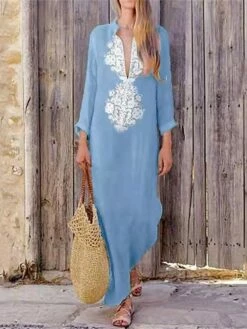 Women's Casual Dress Cotton Linen Dress Shift Dress Maxi Long Dress Cotton Blend Basic Casual Outdoor Daily Vacation V Neck Print Long Sleeve Summer Spring Fall 2023 Loose Fit Yellow Sky Blue Khaki -LIGHTINTHEBOX Shop wtuzlw1687851572400