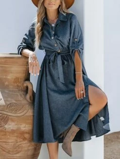 Women's Shirt Dress Casual Dress Midi Dress Outdoor Daily Date Polyester Basic Classic Shirt Collar Lace Up Button Long Sleeve Spring Fall Winter 2023 Loose Fit Navy Blue Pure Color S M L XL -LIGHTINTHEBOX Shop wtzzxz1692180015499