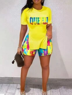 Women's Shirt Shorts Sets Yellow Pink Dark Navy Graphic Split Print Short Sleeve Casual Daily Basic Regular Fit Fall & Winter