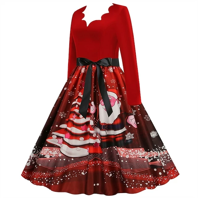 Women's Christmas Party Dress Swing DressKnee Length Dress Green Wine Dark Green Red Black Long Sleeve Santa Claus Elk Snowman Print Fall Winter V Neck Vintage Party Elegant Party 2022 S M L XL XXL 11 Women's Christmas Party Dress Swing DressKnee Length Dress Green Wine Dark Green Red Black Long Sleeve Santa Claus Elk Snowman Print Fall Winter V Neck Vintage Party Elegant Party 2022 S M L XL XXL - Image 9