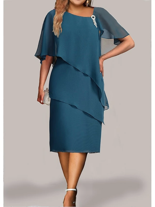 Women's Plus Size Curve Party Dress Cocktail Dress Chiffon Dress Plain Midi Dress Half Sleeve Ruffle Layered V Neck Fashion Party Blue Fall Winter L XL XXL 3XL 4XL 3 Women's Plus Size Curve Party Dress Cocktail Dress Chiffon Dress Plain Midi Dress Half Sleeve Ruffle Layered V Neck Fashion Party Blue Fall Winter L XL XXL 3XL 4XL
